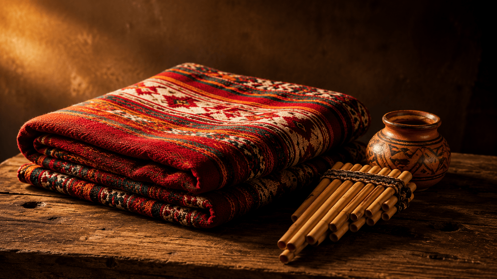 A folded multicoloured Bolivian aguayo textile, a zampoña pan flute and a small clay vessel resting on an old wooden table — keepsakes from home.