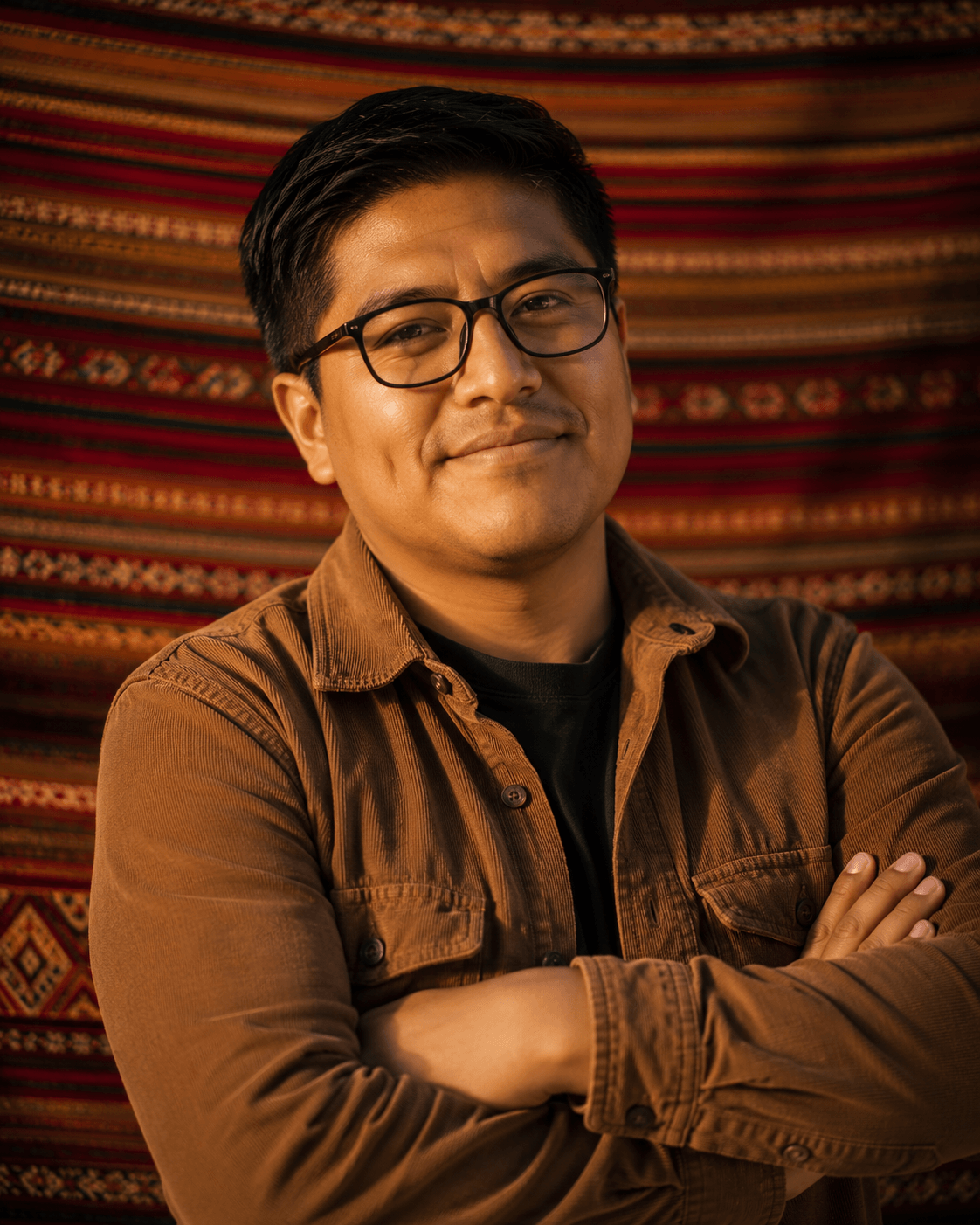 Portrait of El Cóndor — Bolivian man with glasses, arms crossed, calm smile, in front of an aguayo textile.