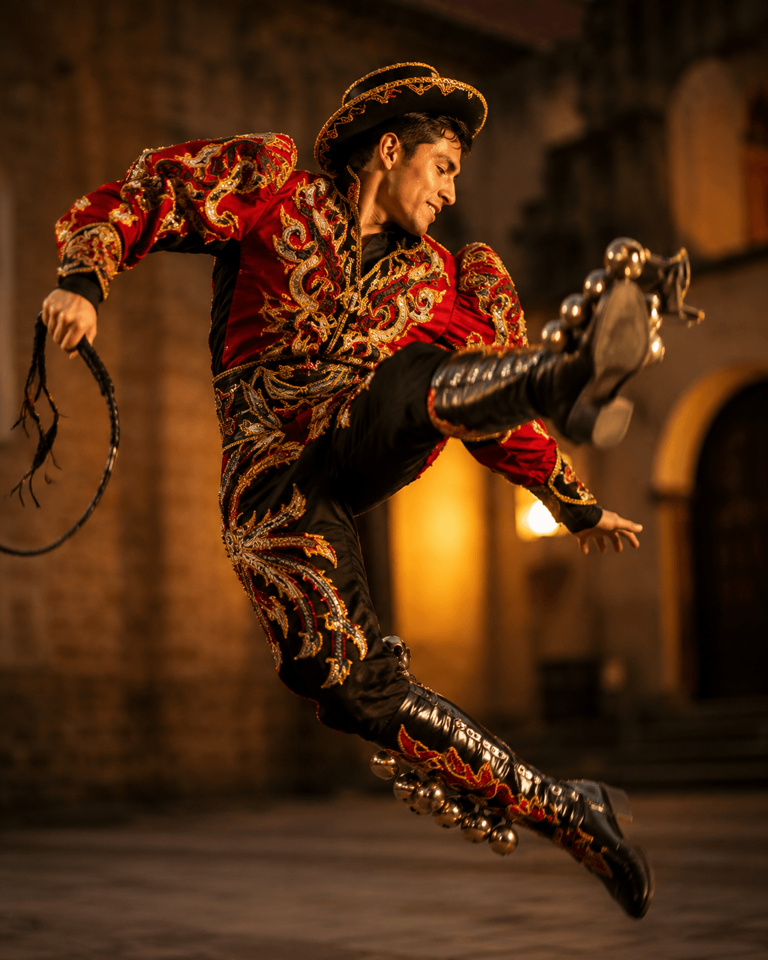 Caporales dancer mid-leap, in tall boots with bronze bells, red-and-gold embroidered jacket, hat in hand.