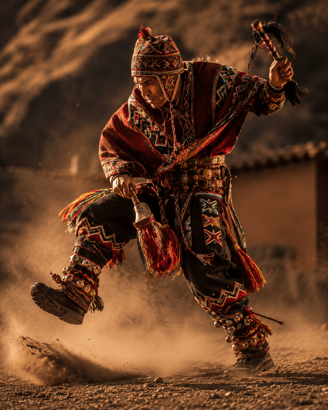Tinkus dancer from northern Potosí, in thick leather montera helmet and embroidered poncho, mid-movement on dusty ground.